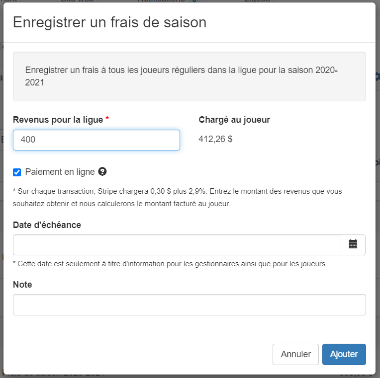 Configurer le frais de saison